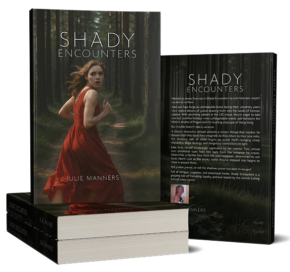 Shady Encounters book mockup design by Julie Manners showcasing cover details with a professional and visually appealing layout